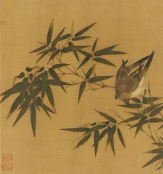 Two Birds Swinging on a Branch of Bamboo