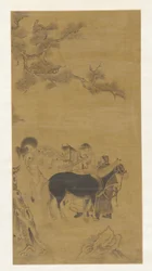 Two Men and Two Horses Under a Pine Tree, Qing Dynasty