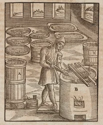 A Man Tests Saltpeter, Used in Gunpowder and Meat Preservation - Engraving from Description of Ores and Principal Mining Methods, by Lazarus Ecker