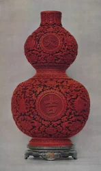 Vase of Carved Red Lacquer on Olive Green Ground with Stand of Flat Lacquer, 1928