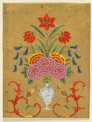 Vase with Flower Arrangement and Scrollwork