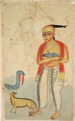 Vasudeva Krishnas Father Fleeing with Krishna Encounters a Cobra and a Jackal, 1800s