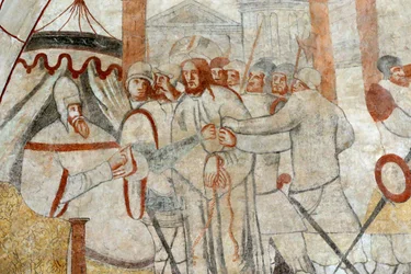 Vault de Lugny church. 16th century wall painting: Christ in his passion. Christ before Pilate, France
