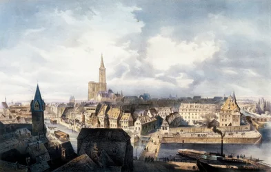 View of Strasbourg (France) from the Saint Guillaume tower. Lithograph in colors.