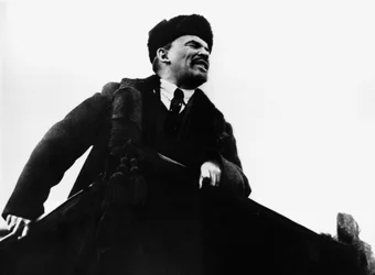 Vladimir Ilich Lenin, Russian Bolshevik revolutionary leader, speaking from a rostrum, 1917