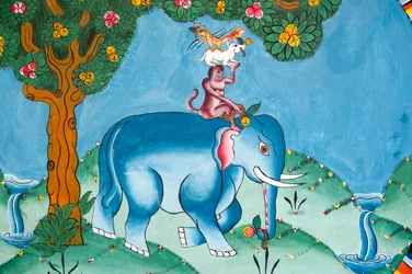 Legend of the Four Friends: Elephant, Monkey, Rabbit, and Rooster, Kharbadi Gompa, Bhutan