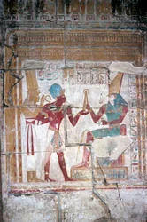 Wallpainting of Sethos I before Horus, Temple of Sethos I, Abydos, Egypt