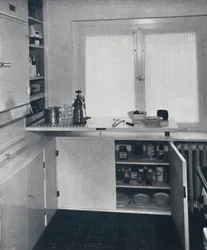 Kitchen with a black Dutch tiled floor, white walls and built-in shelves and cupboards
