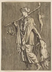Woman returning from a hunt carrying a boar in her left hand and a stick on her r..., ca. 1515-1600
