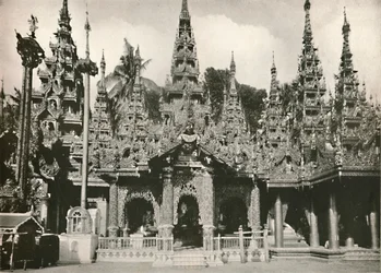 Wood Carved Shrines with Glass Mosaic work at the Shwe Dagon Pagoda, Rangoon, 1900