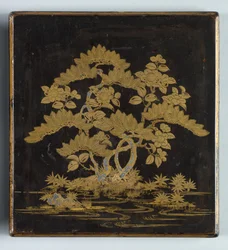 Writing Box Suzuribako with Design of Pine, Camellia and Bamboo Lid