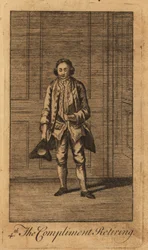Young gentleman compliment retiring or politely leaving a panelled room