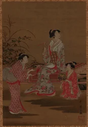 Young Woman with Two Girl Attendants, Seated in a Garden