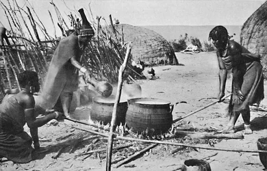 Zulu wives brewing utshwala beer, Natal