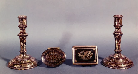 Pair of Louis XVI Candlesticks Inlaid with Gold and Mother-of-Pearl with Two English 18th Century Pique Point Boxes