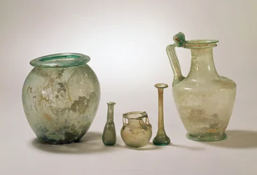 Collection of Roman Glass: Cinerary Urn; Burial Glassware and Jug, 1st-4th Century