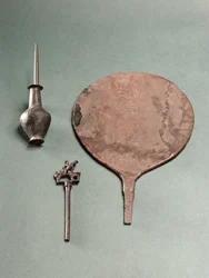 Copper hairpin, collyrium rod with pot and mirror, Mohenjodaro, 2300-1750 BC