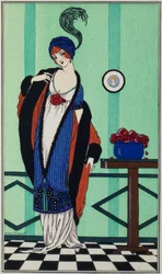 Fur coat with muslin tunic from Costumes Parisiens by Robert Pichenot, 1913