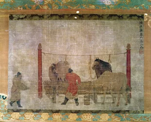Hanging, Depicting Grooms Feeding Horses, Attributed to Jen Jen-Far, Chinese, 14th Century