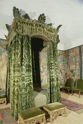 Interior of Hardwick Hall, Derbyshire, showing the Green Bed-Chamber with original 16th century furniture and hangings