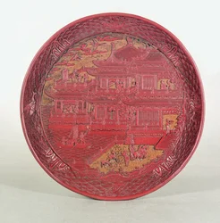 Lacquer dish, carved, depicting the Orchid Pavilion of Prince Tang, 1489