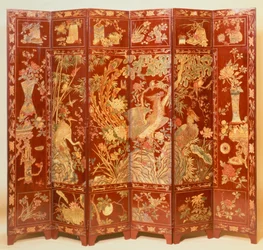 Pastoral scene (red lacquer screen with gilt chinoiserie)