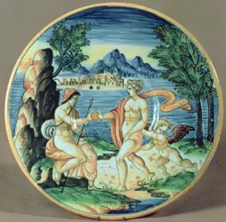 Plate showing Paris and Venus, by Giovanni-Battista da Faenza, 1563