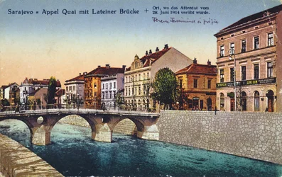 Postcard depicting Sarajevo, the Appel Quay and the Latin Bridge, site of the assassination of Archduke Franz Ferdinand and his wife Sophie on 28 June 1914, c. 1920