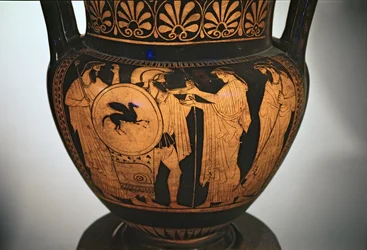 Red-figure krater depicting warrior returning from battle