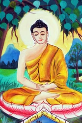 Wat Inpeng Buddhist Temple. Painting Depicting the Life Story of Shakyamuni Buddha. Buddha Sitting in the Meditation Pose, Vientiane, Laos, 2015