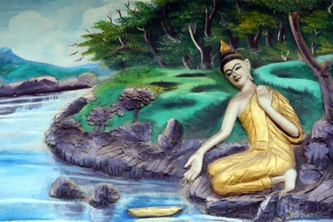 Wat Inpeng Buddhist Temple. Painting Depicting the Life Story of Shakyamuni Buddha. Bathing in the River, Vientiane, Laos, 2015