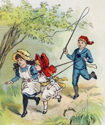 A Boy Playing Horse with His Two Sisters