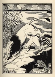 A lion who wanted to attack the Baron de Munchausen ended up with a crocodile. Illustration by William Strang and JB Clark from The Adventures of the Baron of Munchausen by Rudolf Erich Raspe