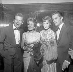 Actors Renato Salvatori, Annie Girardot, Romy Schneider and Alain Delon at the 21st Venice Film Festival (b/w photo)