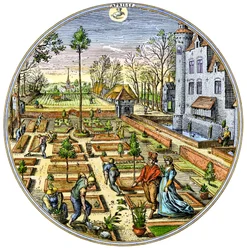 Agriculture: Gardening in a European vegetable garden at the beginning of spring around 1590. Colour engraving of the 16th century