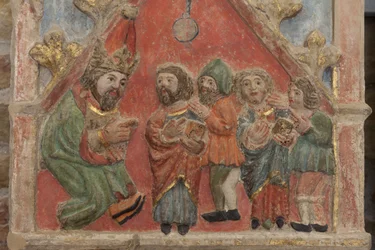 Altarpiece. polychrome stone. Second half 14th century. Origin former parish church of Torre de Rialb. (detail) Mid register. Left panel. Upper part: the Saints Iscle and Victoria with the officials.