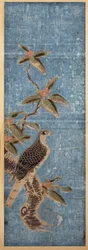 An Ishizuri-e Depicting a Falcon Perched on a Nanten Branch, Set Against a Blue Background