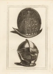 Ancient Venetian Morion Helmet Ornamented with Military Trophies, and a Burgonet Helmet with Unified Visor and Bever from the Tower of London