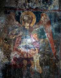 Angel, fresco in Byzantine church of Agios Constantinos and Agia Eleni, Voukolies, Crete, Greece