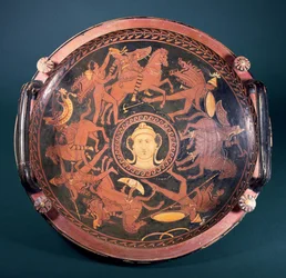 Apulian red-figure patera with scenes of the Greeks fighting the Amazons, Greek, made in southern Italy, 4th century BC, attributed to the Baltimore Painter