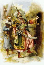 Arabian Nights: Ali Baba and the Forty Thieves: the leader of thieves saying "Open Sesame", advertisement for "Le Bon Marche" c. 1900