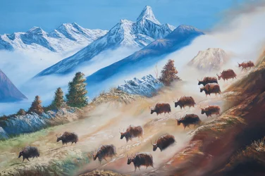 Painting of a Herd of Yaks Below Ama Dablam Mountain; Country Life; Gallery in Kathmandu; Nepal