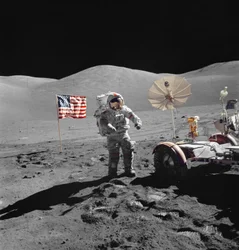 Astronaut Eugene Cernan walks toward LRV during EVA