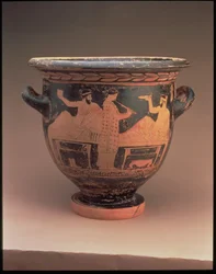 Attic Red-Figure Bell Krater Decorated with a Symposium Scene of Two Reclining Figures and a Standing Flute Player, Greek, c.440-430 BC