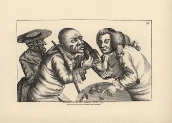 Bankrupt Toby and wife Doxy begging for cheese and ale in a tavern. Copperplate engraving by Thomas Sanders after a satirical illustration by Timothy Bobbin (John Collier) from Human Passions Delineated, John Haywood, Manchester