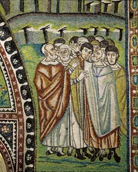 Basilica of San Vitale, Detail of lunette mosaics above entrance to ambulatory representing Aaron leaders of twelve tribes of Israel, Ravenna, Emilia-Romagna, Italy