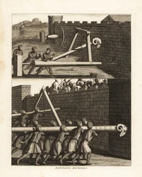 Battering ram and two types of borers to pierce walls at top, and two rams below, one supported by a triangle and the other borne on soldiers