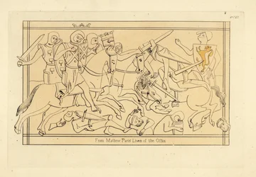 Battle Scene Showing Knights in Cylindrical Helmets and Chainmail Hoods, Armorial Surcoats and Shields with Coats of Arms