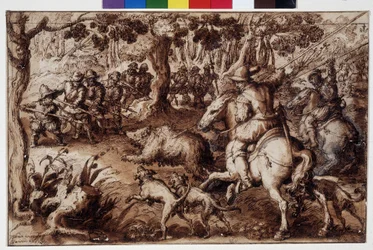 Bear hunt. Drawing by Giovanni Stradano