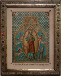 Bevere. Parish church (Sint-Pietersbanden). Interior. Devotion coloured print. S Lucas school Gent, Eigendom 1875, W Z Dreyt Brugge. Neo-Gothic.